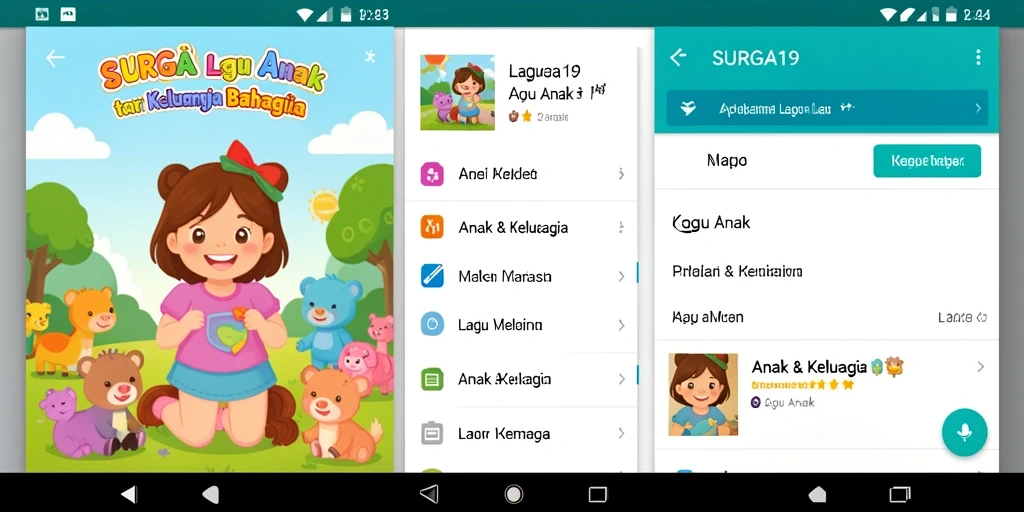 Screenshot antarmuka intuitif aplikasi SURGA19 dengan lagu anak-anak.
